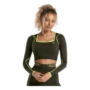 Gymshark Contrast Long Sleeve Crop Top Olive Green Fluro Green Square Neck Athle